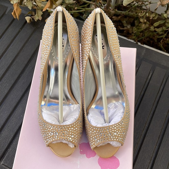 Pink Paradox London - Celebrate - Champagne Satin & Rhinestone Peep Toe Heels 8 - Picture 5 of 17